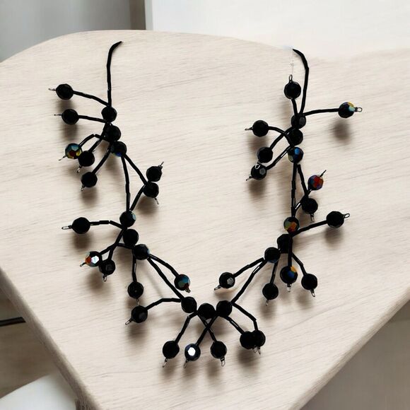 DOL Artisan Necklace Black Glass with Aurora Borealis Finish Sculptural Collar - Picture 1 of 9